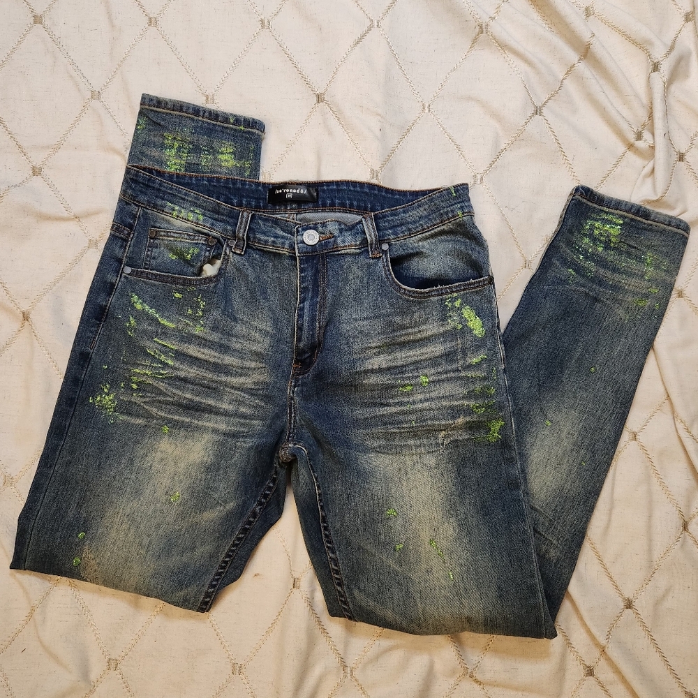 Serenede‎ Men’s Ripped Skinny Jeans Size 36 – Stretch Denim Green Paint Splatter